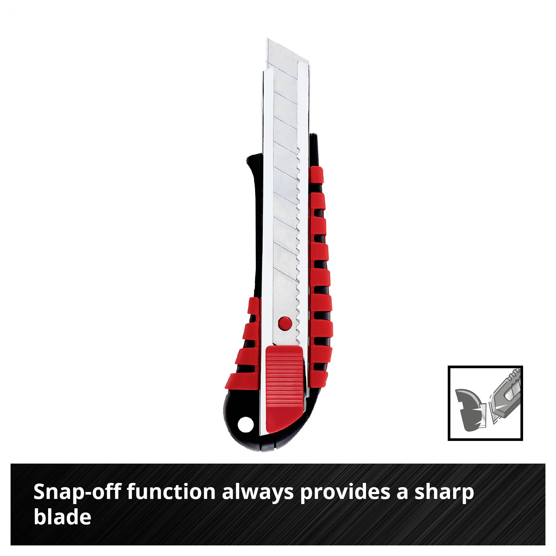 Breaking knife with red slider; instruction text: 'Breaking function provides a sharp blade at any time'.
