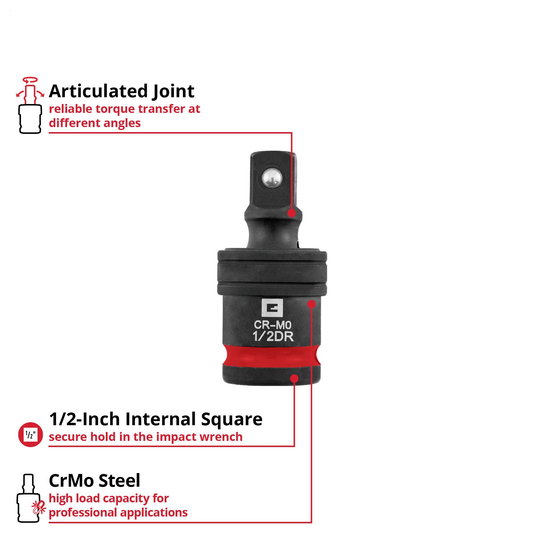 Product graphic of a flexible joint: 1/2-inch internal square drive made from CrMo steel, transmits torque at various angles and provides secure grip in impact wrench.