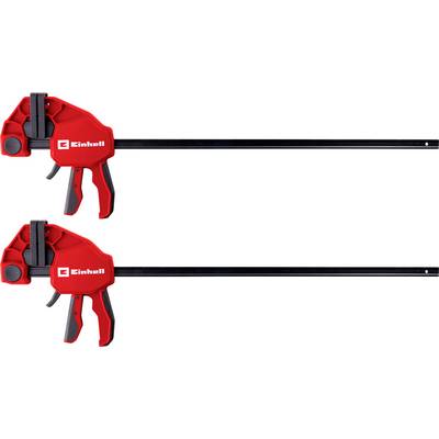 Two red Einhell bar clamps shown horizontally, one above the other, with long black bars and trigger handles on a white background.