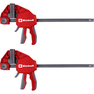 Two red Einhell bar clamps with long steel rails, shown one above the other on a white background.