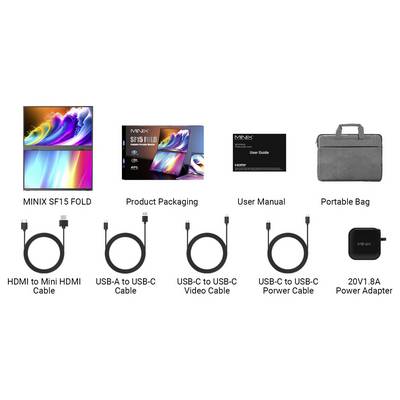 MINIX SF15 Fold package contents: foldable display, product box, user manual, portable bag, HDMI to Mini HDMI cable, USB-A to USB-C cable, two USB-C to USB-C cables, and 20V1.8A power adapter.