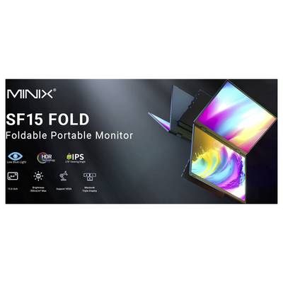 MINIX SF15 Fold foldable portable monitor with two overlapping color displays; text highlights HDR, IPS, low blue light, VESA support, and MacBook triple display.