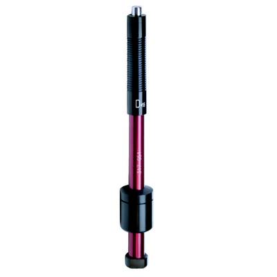 Close-up of a black and pink metallic pen-like tool or cosmetic device standing upright on a white background.