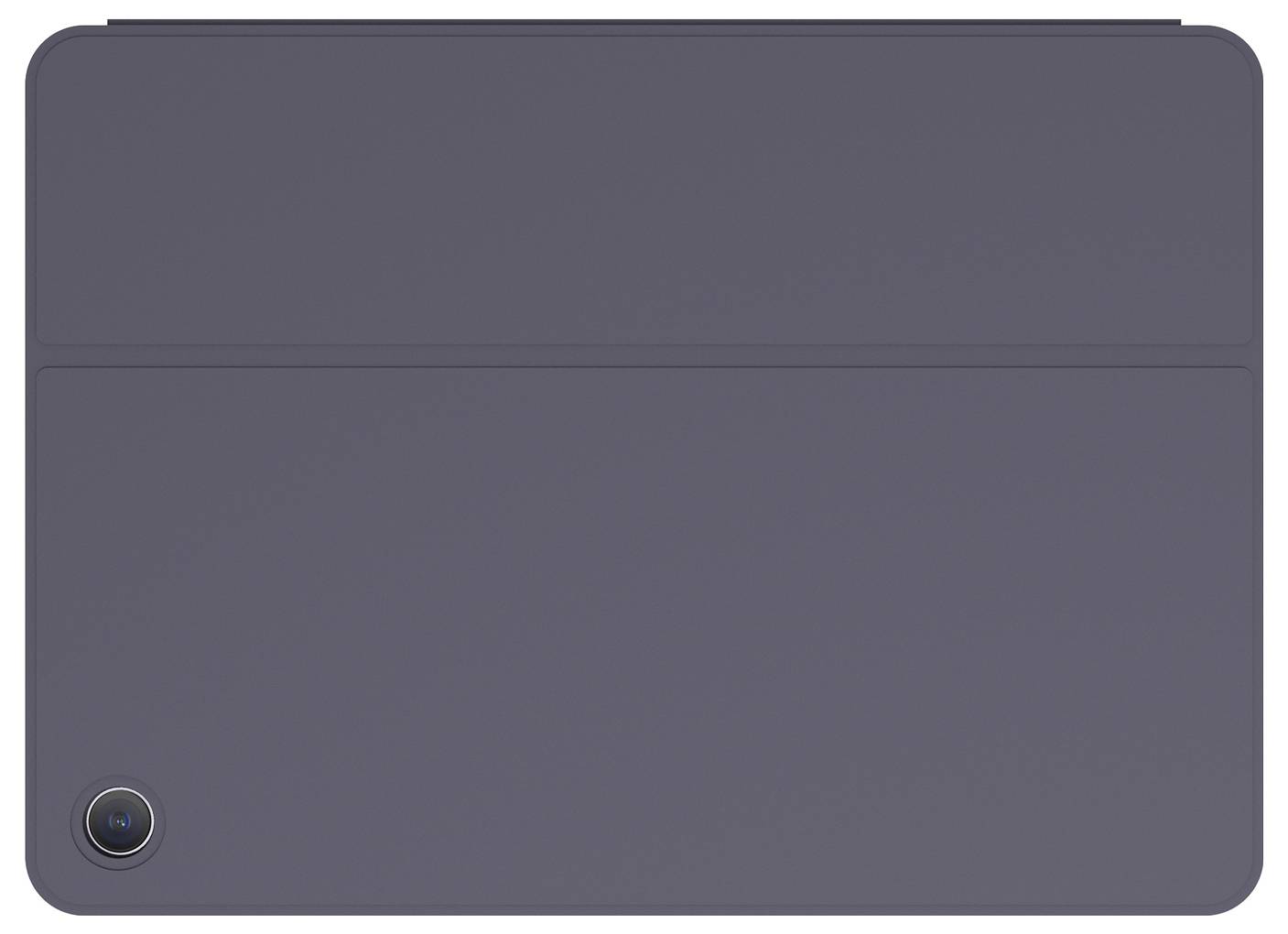 Closed dark gray tablet or laptop cover with a small circular camera lens at the lower left corner