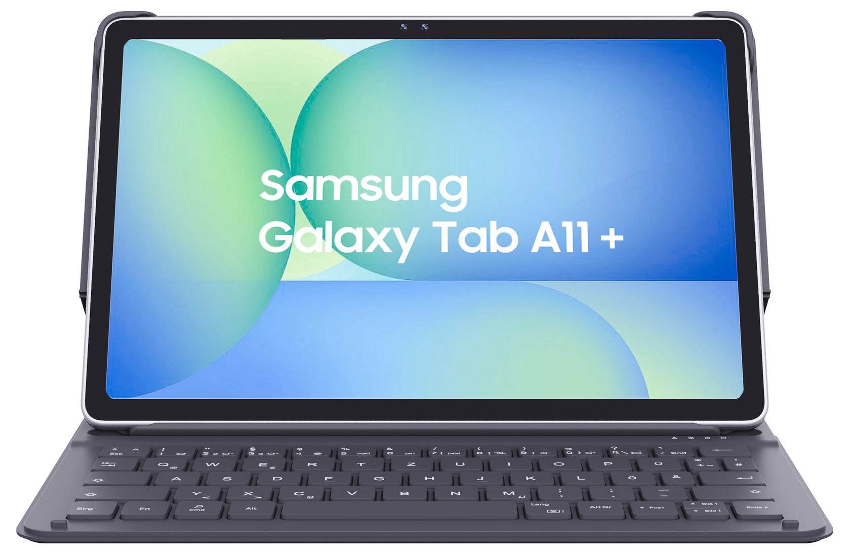 Samsung Galaxy Tab A11+ tablet shown on a keyboard case, displaying the product name on a blue-green screen.<br>
