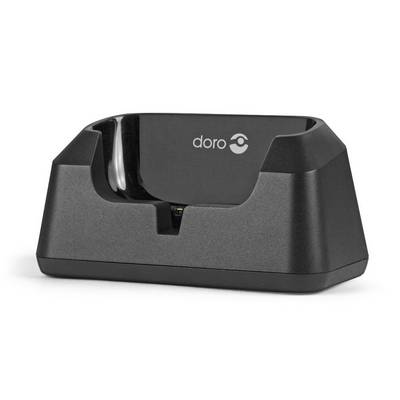 Black Doro charging dock with handset cradle, shown on a white background.