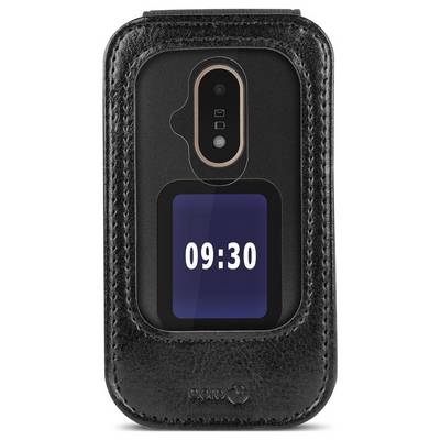 Black leather phone case with a front window showing the time 09:30 and a rear camera cutout visible at the top.