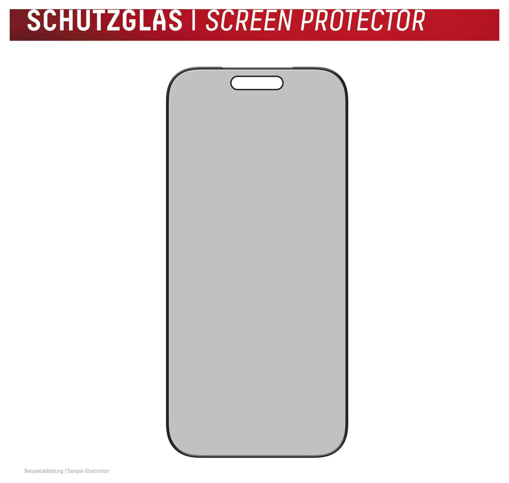 Illustration of a smartphone screen protector with cutout for the earpiece, labeled 'SCHUTZGLAS | SCREEN PROTECTOR'.