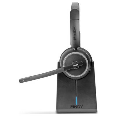 Black Lindy headset stand with over-ear headphones resting on it, shown against a plain white background.
