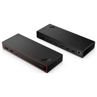 Two black rectangular docking devices shown in angled product view, each with multiple front ports and a ThinkPad logo, one outlined in red to highlight its edge.