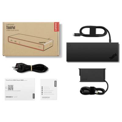 Lenovo ThinkPad USB4 Dock 5000 with box, dock unit, USB-C cable, power cord, and instruction papers.