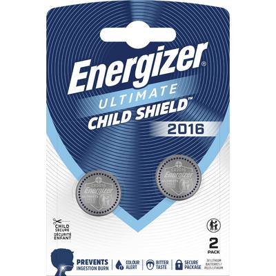 Energizer Ultimate Child Shield 2016 battery package, 2-pack of CR2016 3V lithium button cells, with safety features and child secure icons.