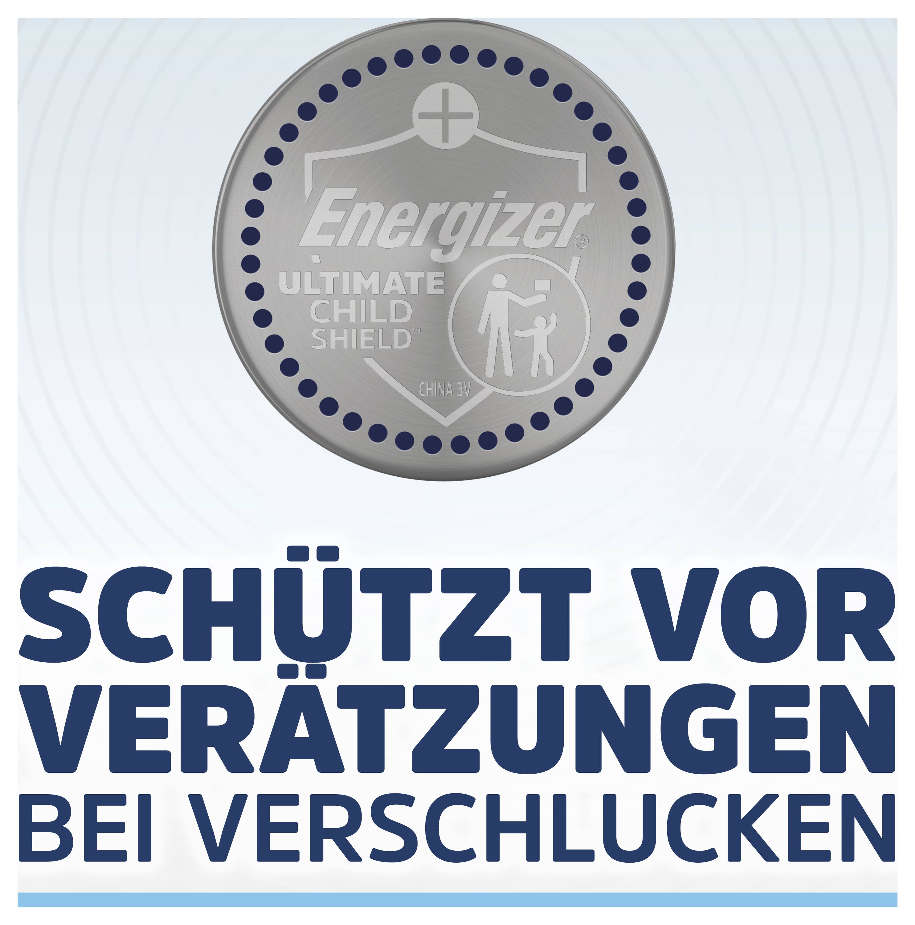 Energizer Ultimate Child Shield battery ad with German text 'Schützt vor Verätzungen bei Verschlucken' and a battery graphic above.