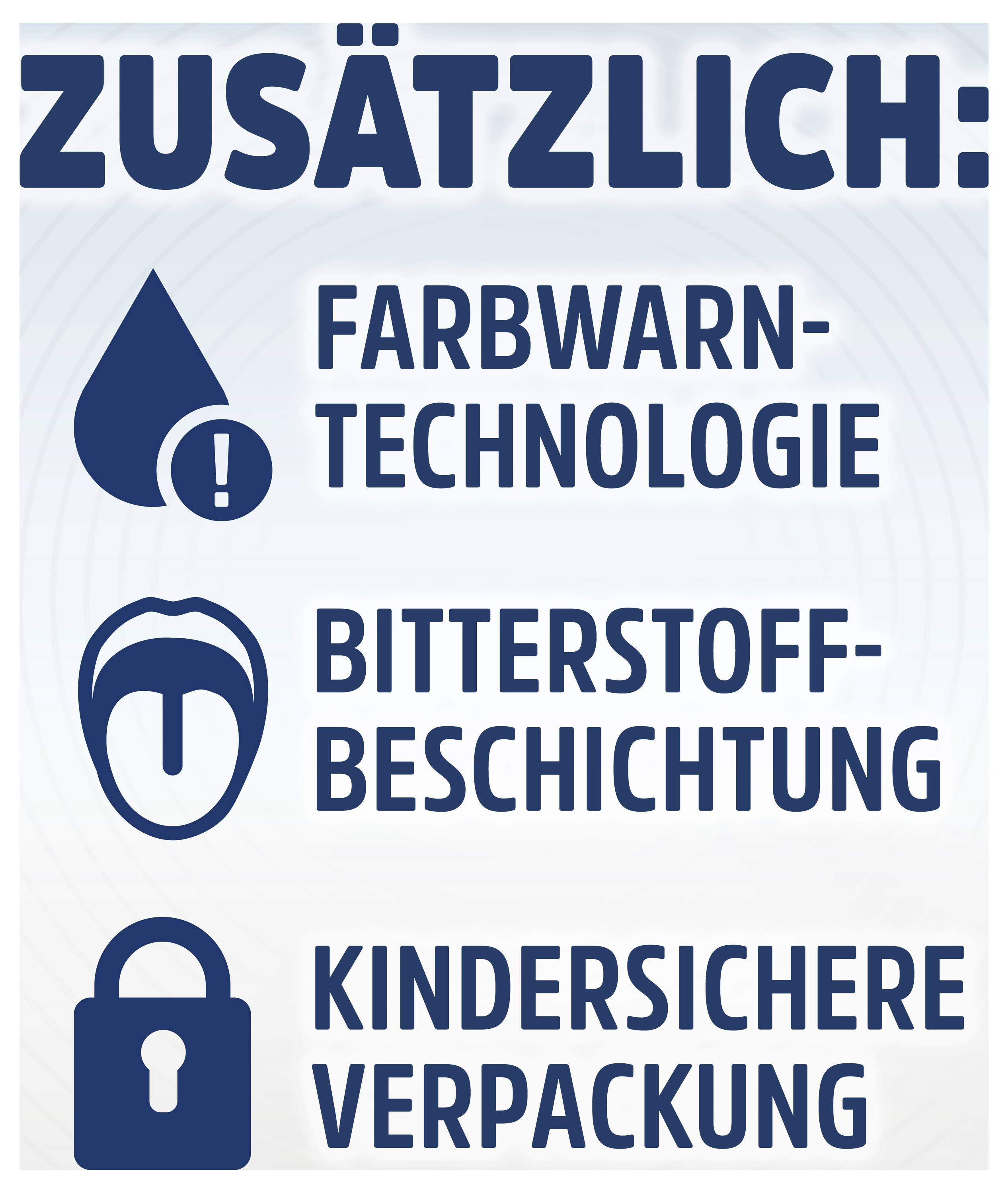 German product label listing extras: color-warning technology, bitter-taste coating, and child-safe packaging, with matching icons.