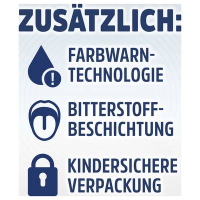 German product label listing extras: color-warning technology, bitter-taste coating, and child-safe packaging, with matching icons.