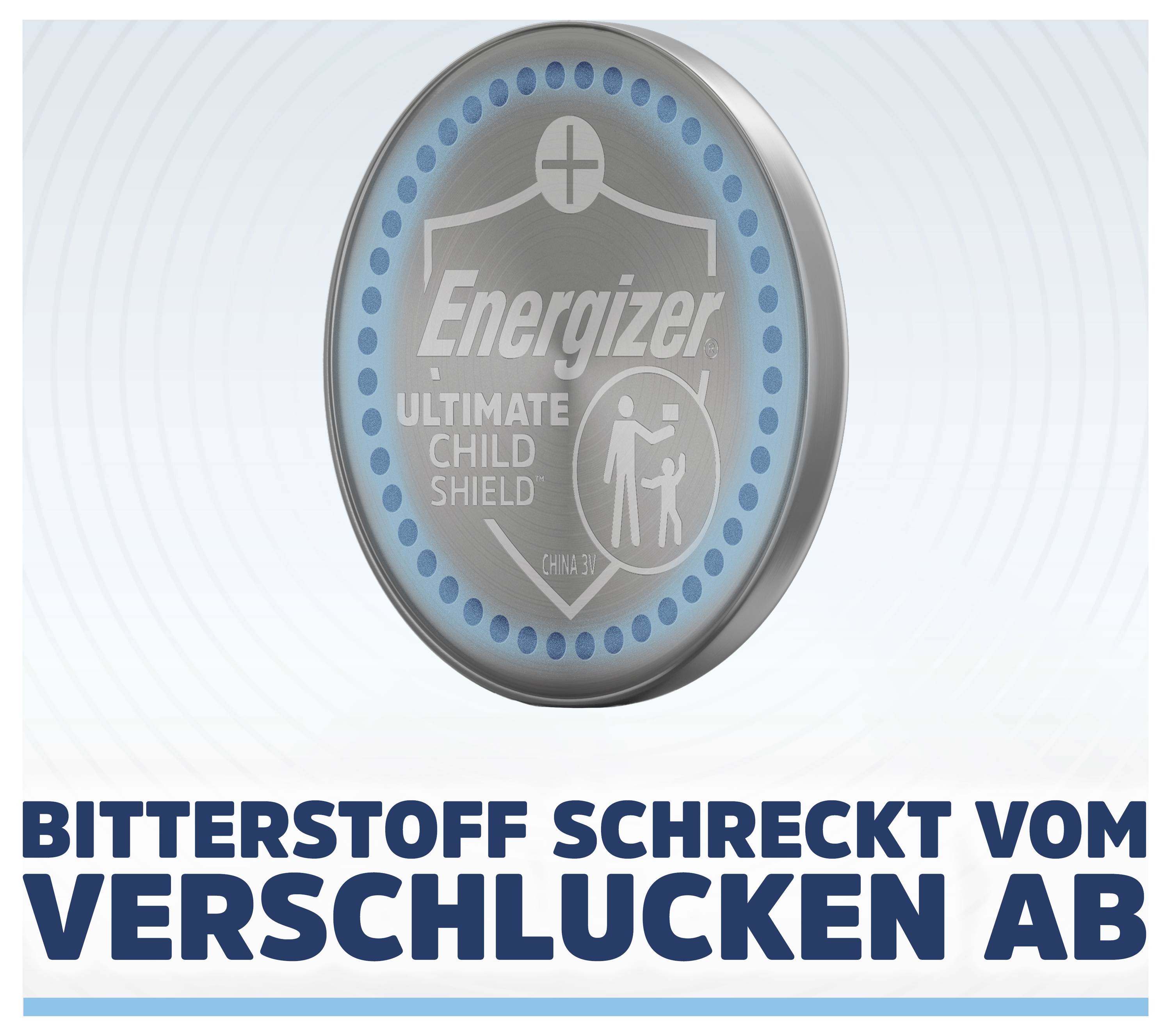 Energizer Ultimate Child Shield battery with German warning text 'Bitterstoff schreckt vom Verschlucken ab' about preventing swallowing.