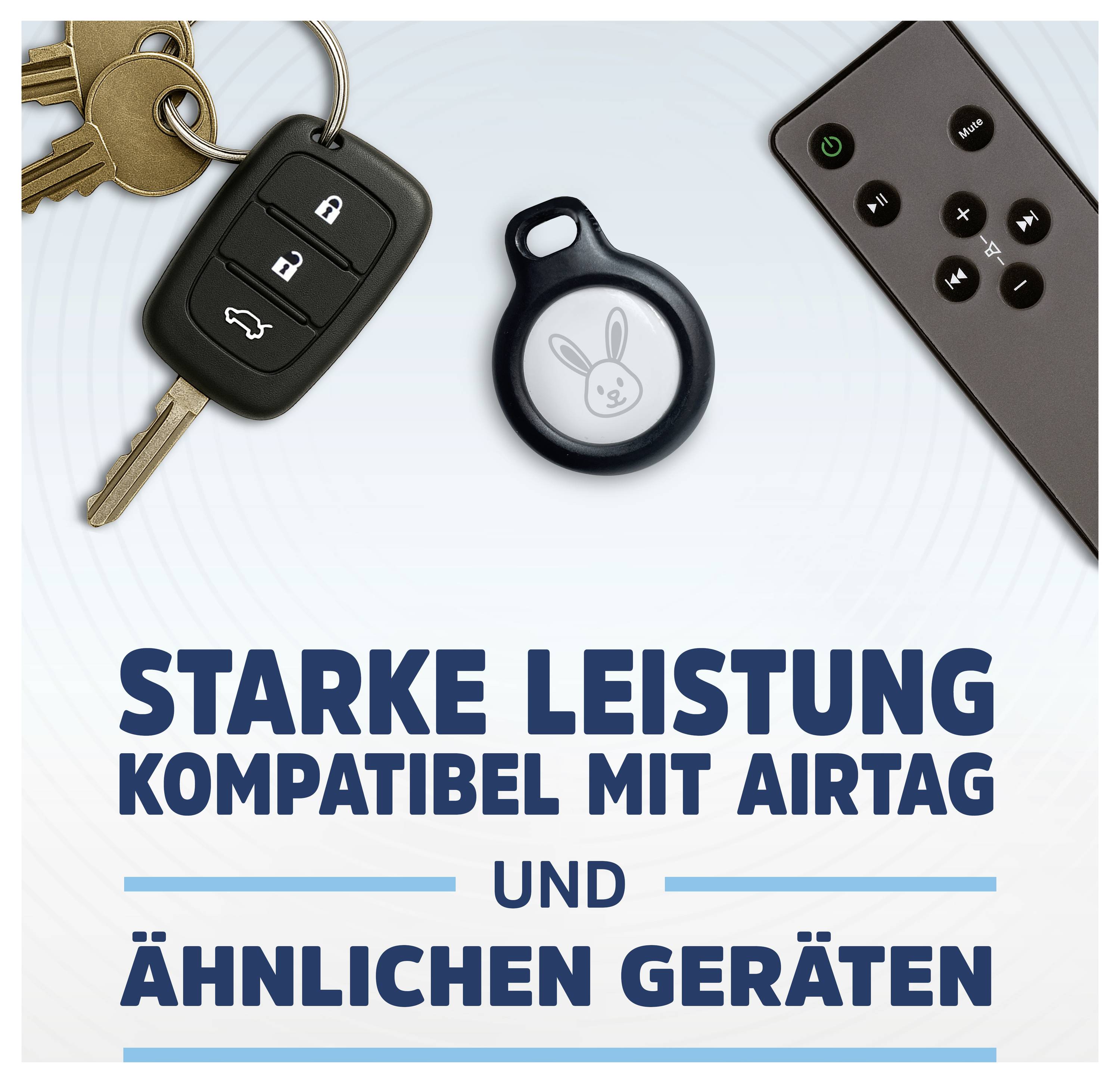 German ad showing a key fob, AirTag-like tracker, and remote with the text 'STARKE LEISTUNG KOMPATIBEL MIT AIRTAG UND ÄHNLICHEN GERÄTEN'.