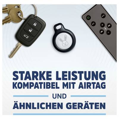 German ad showing a key fob, AirTag-like tracker, and remote with the text 'STARKE LEISTUNG KOMPATIBEL MIT AIRTAG UND ÄHNLICHEN GERÄTEN'.
