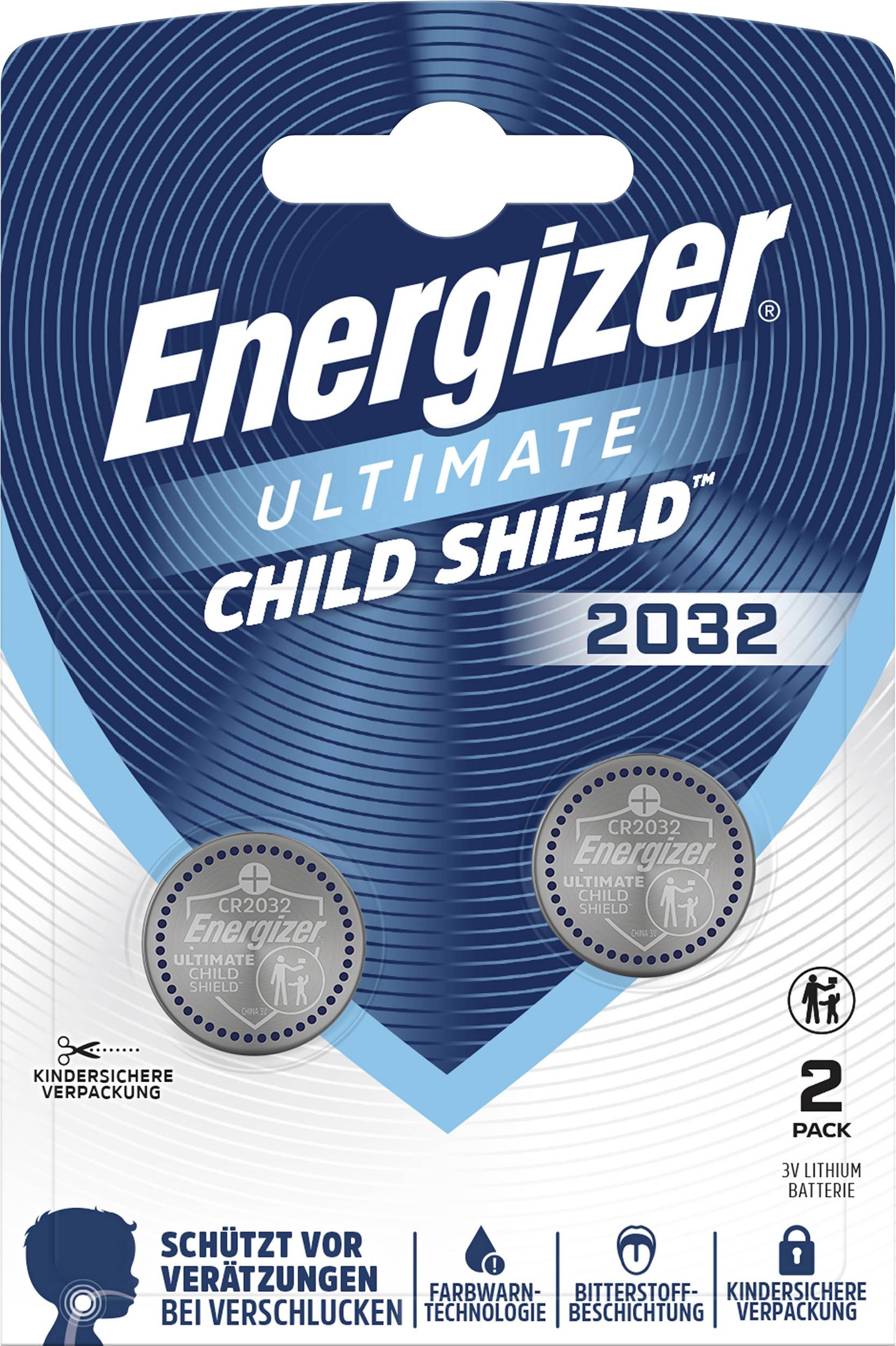 Energizer Ultimate Child Shield CR2032 button batteries, 2-pack, with child-resistant packaging and warning icons.