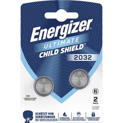 Energizer Ultimate Child Shield CR2032 button batteries, 2-pack, with child-resistant packaging and warning icons.