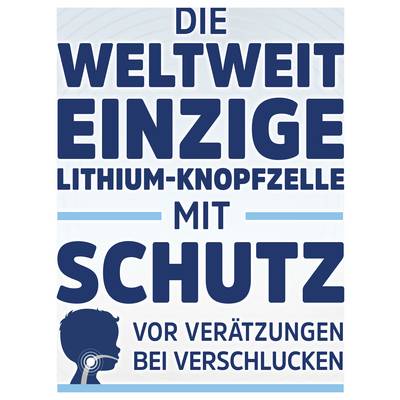German informational poster reading 'Die weltweit einzige Lithium-Knopfzelle mit Schutz vor Verätzungen bei Verschlucken' with a child head icon.