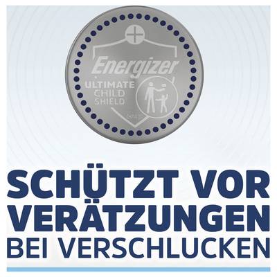 Energizer Ultimate Child Shield battery icon above German warning text: 'SCHÜTZT VOR VERÄTZUNGEN BEI VERSCHLUCKEN' about preventing ingestion injuries.