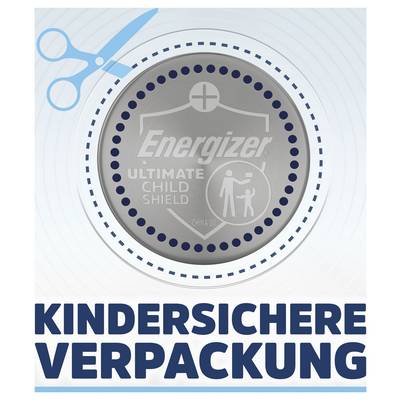 Battery package labeled 'Energizer Ultimate Child Shield' with scissors icon and German text 'Kindersichere Verpackung' indicating child-resistant packaging.
