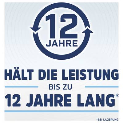 German promotional graphic with circular arrow icon and text '12 JAHRE', 'HÄLT DIE LEISTUNG BIS ZU 12 JAHRE LANG*' and '*BEI LAGERUNG', claiming performance lasts up to 12 years in storage.