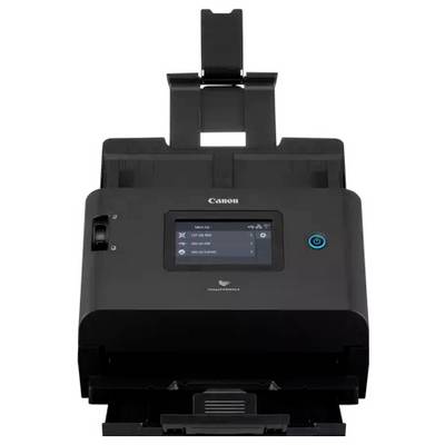 Black Canon document scanner with an automatic feeder, front control screen, and output tray open on a white background.