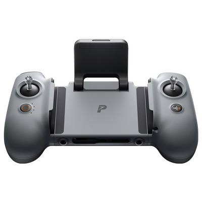 Black drone remote controller with a smartphone holder and dual joysticks on a gray body.