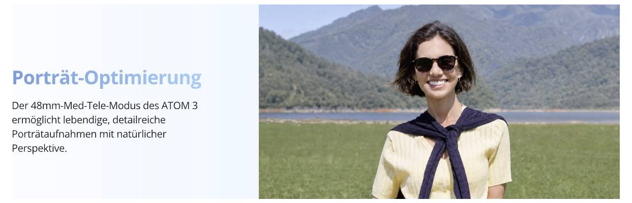 Promotional banner for 'Porträt-Optimierung' with German text on the left and a smiling woman wearing sunglasses outdoors in a mountain landscape on the right.