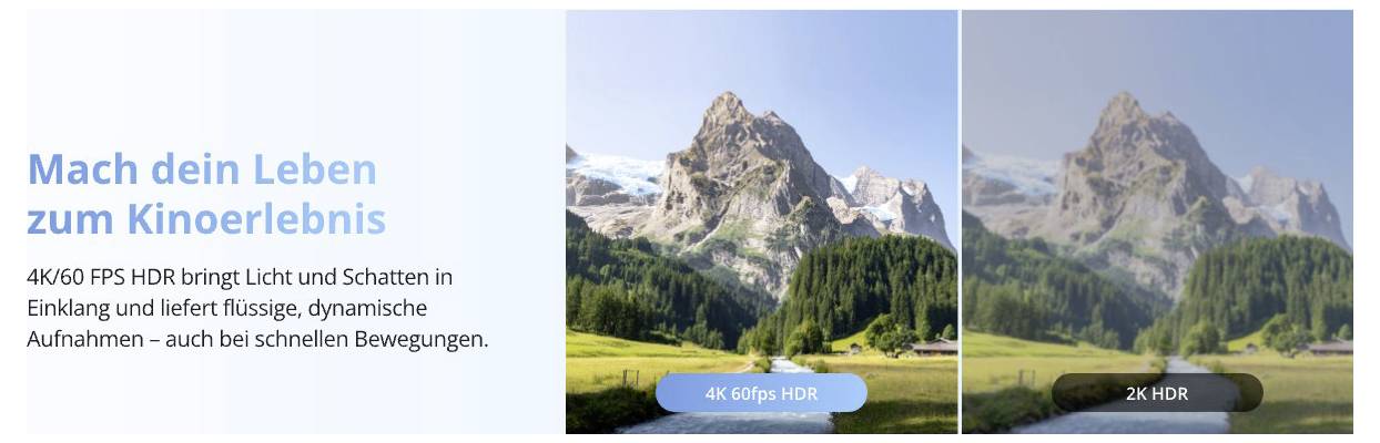 Promotional comparison graphic for 'Mach dein Leben zum Highlight' showing a mountain landscape in 4K 60fps HDR vs 2K HDR, with text advertising clear, sharp images and smooth motion.