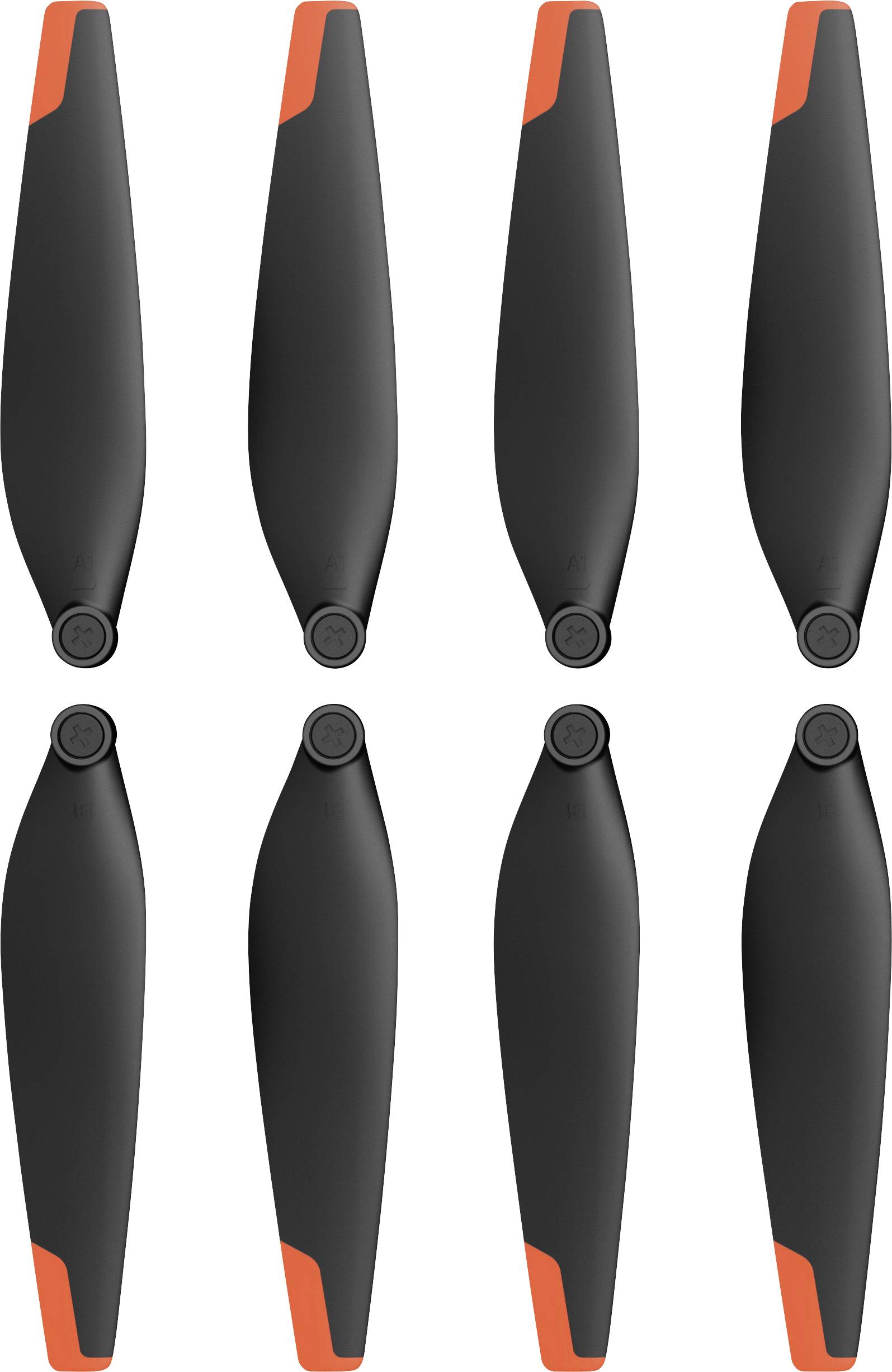 Illustration of eight black drone propellers with orange tips, arranged in two rows of four on a white background.