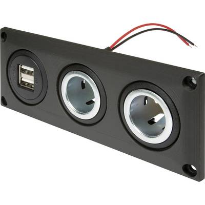 Black panel with two USB ports and two round 12V socket outlets, with red and black power wires attached.<br>