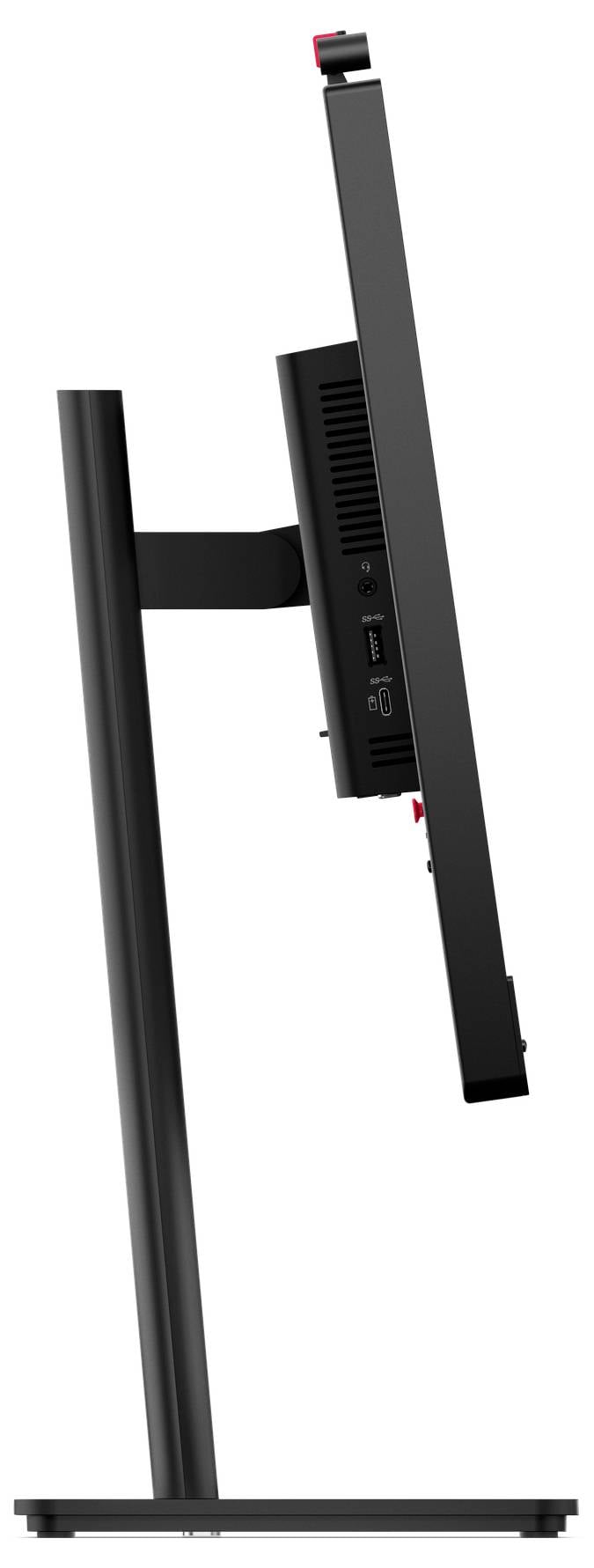 Side view of a black monitor on a stand, showing the thin screen and rear ports on the back panel.