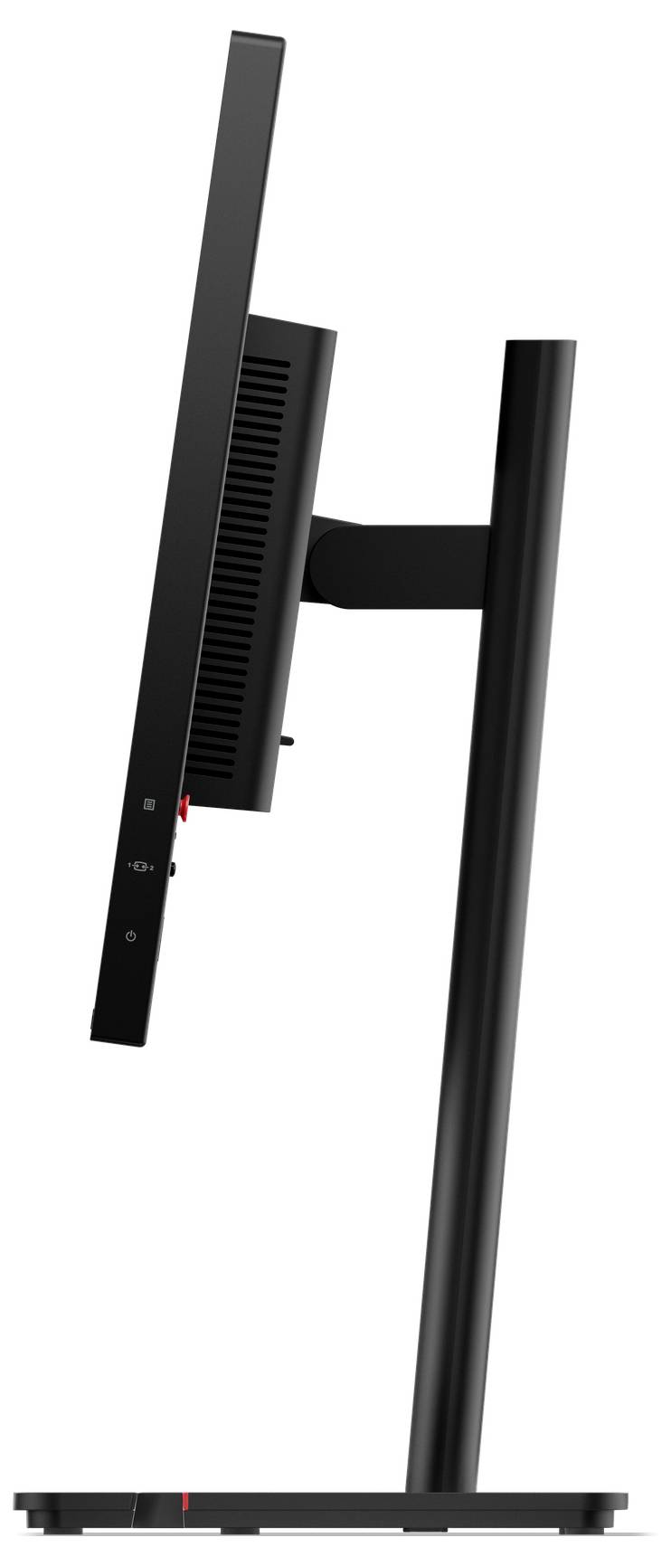 Side view of a black desktop monitor on a stand, showing the thin display, rear vents, and base.