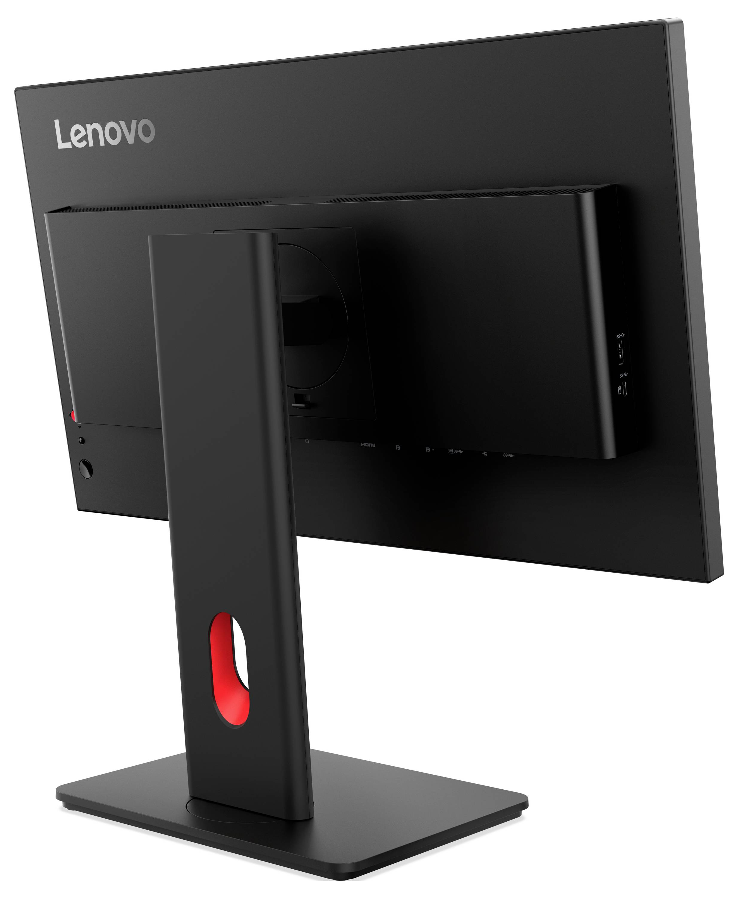 Rear view of a Lenovo desktop monitor on a black stand with cable management cutout and ports visible on the back<br>
