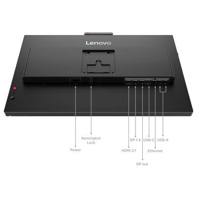 Rear view of a Lenovo monitor showing labeled ports: power, Kensington lock, HDMI 2.1, DP 1.4, DP out, USB-C, USB-A, and Ethernet.