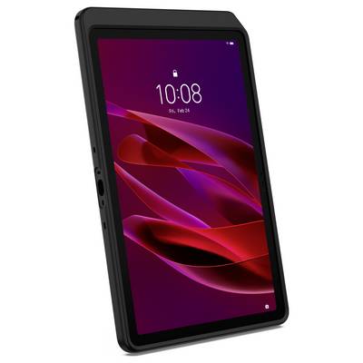 Black tablet in a protective case showing a lock screen with time 10:08 and red abstract wallpaper.