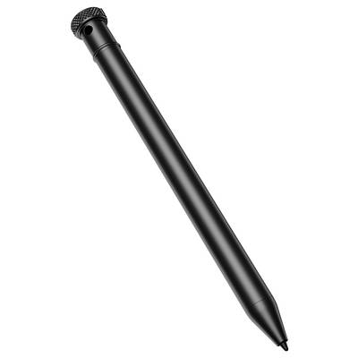 Black touchscreen stylus pen with textured tip and pointed end, shown diagonally on a white background.
