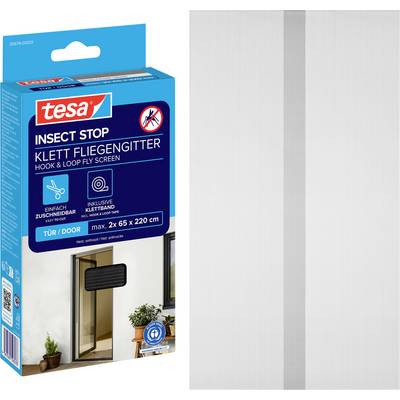 Tesa 'Insect Stop' hook-and-loop fly screen door kit box shown beside a white mesh curtain panel, with product features and door size 2 x 65 x 220 cm.