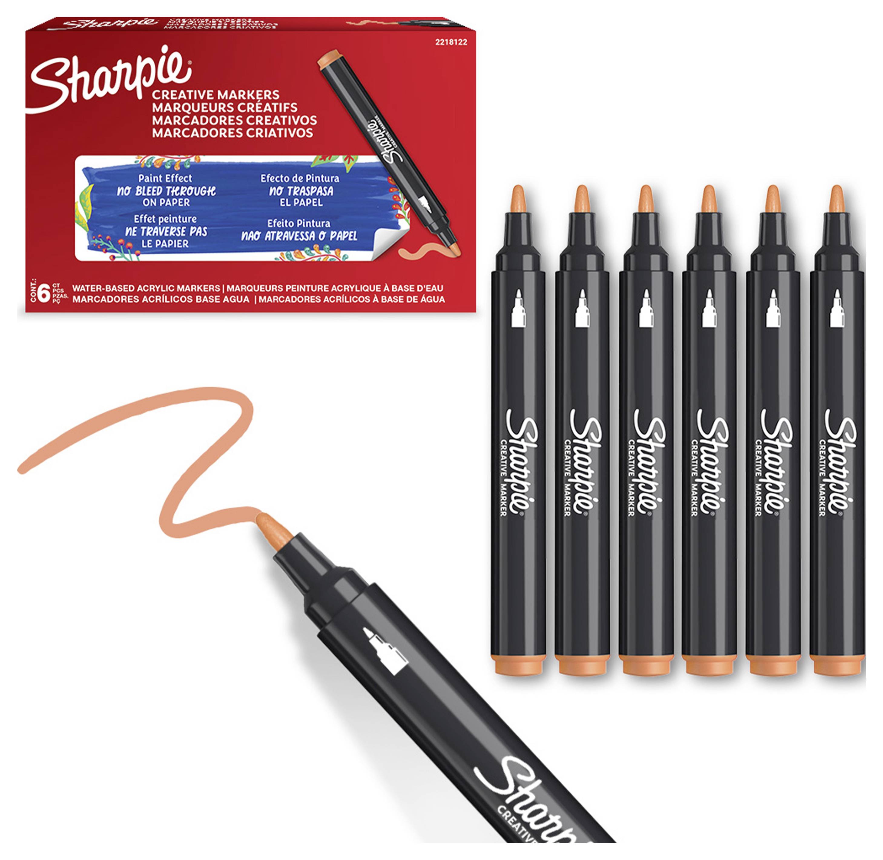 Sharpie Creative Markers set: six black markers with orange tips and a sample orange stroke, plus red package showing 'Paint Effect' and 'No bleed-through'.