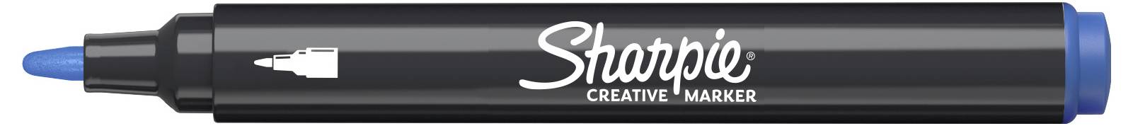 Black Sharpie Creative Marker with blue cap and tip, shown in side view on a white background.