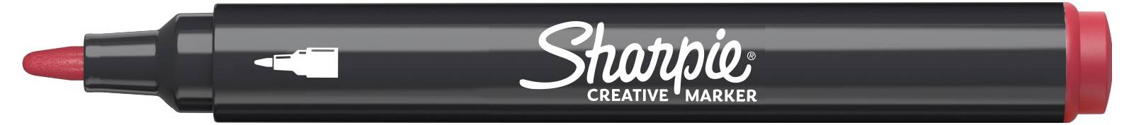 Black Sharpie Creative Marker with red cap and red chisel tip, labeled 'Sharpie.'<br>