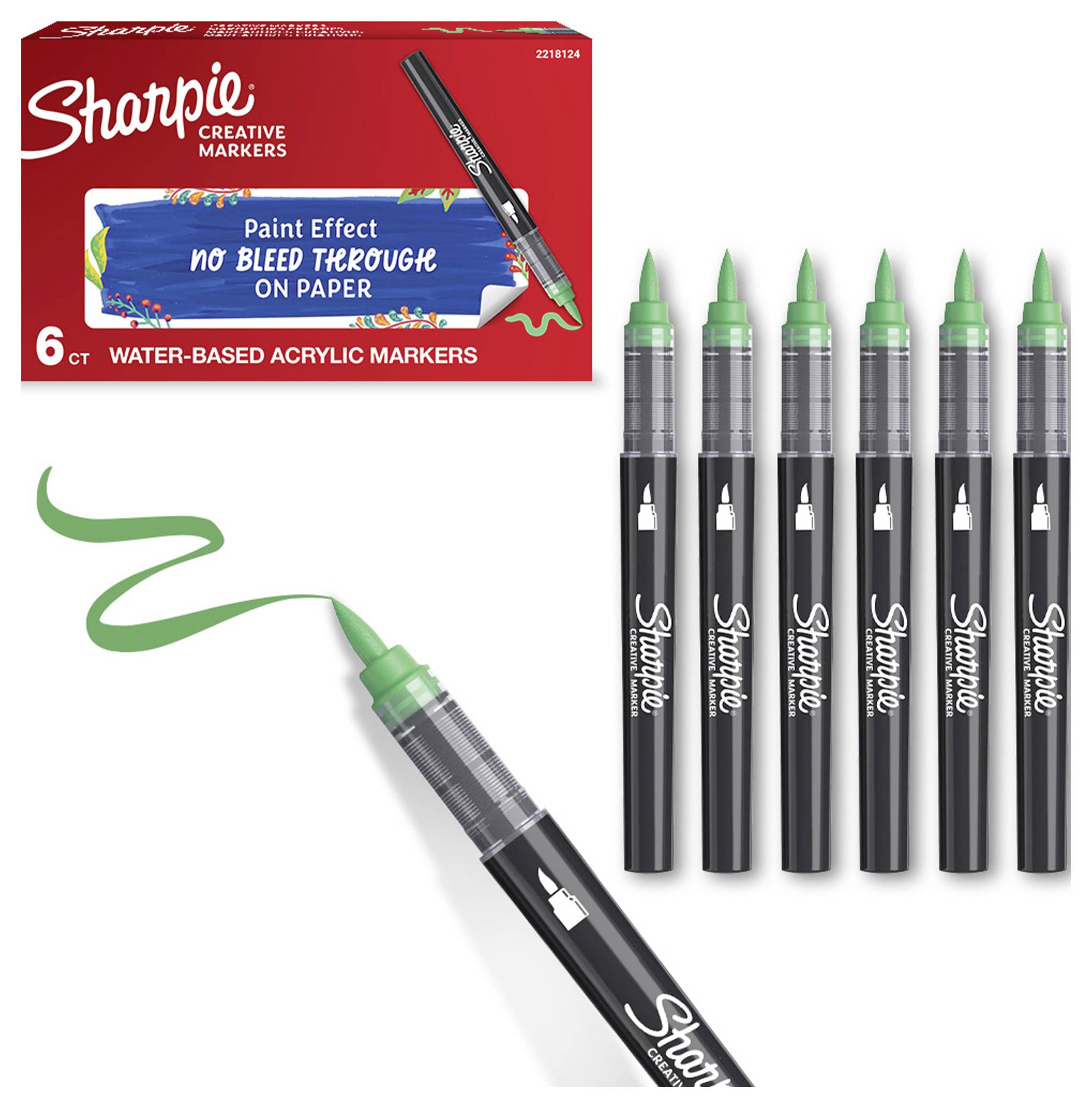 Product image of six Sharpie Creative Markers with green tips and one marker drawing a green line, showing 'Paint Effect' and 'No Bleed Through on Paper' packaging.