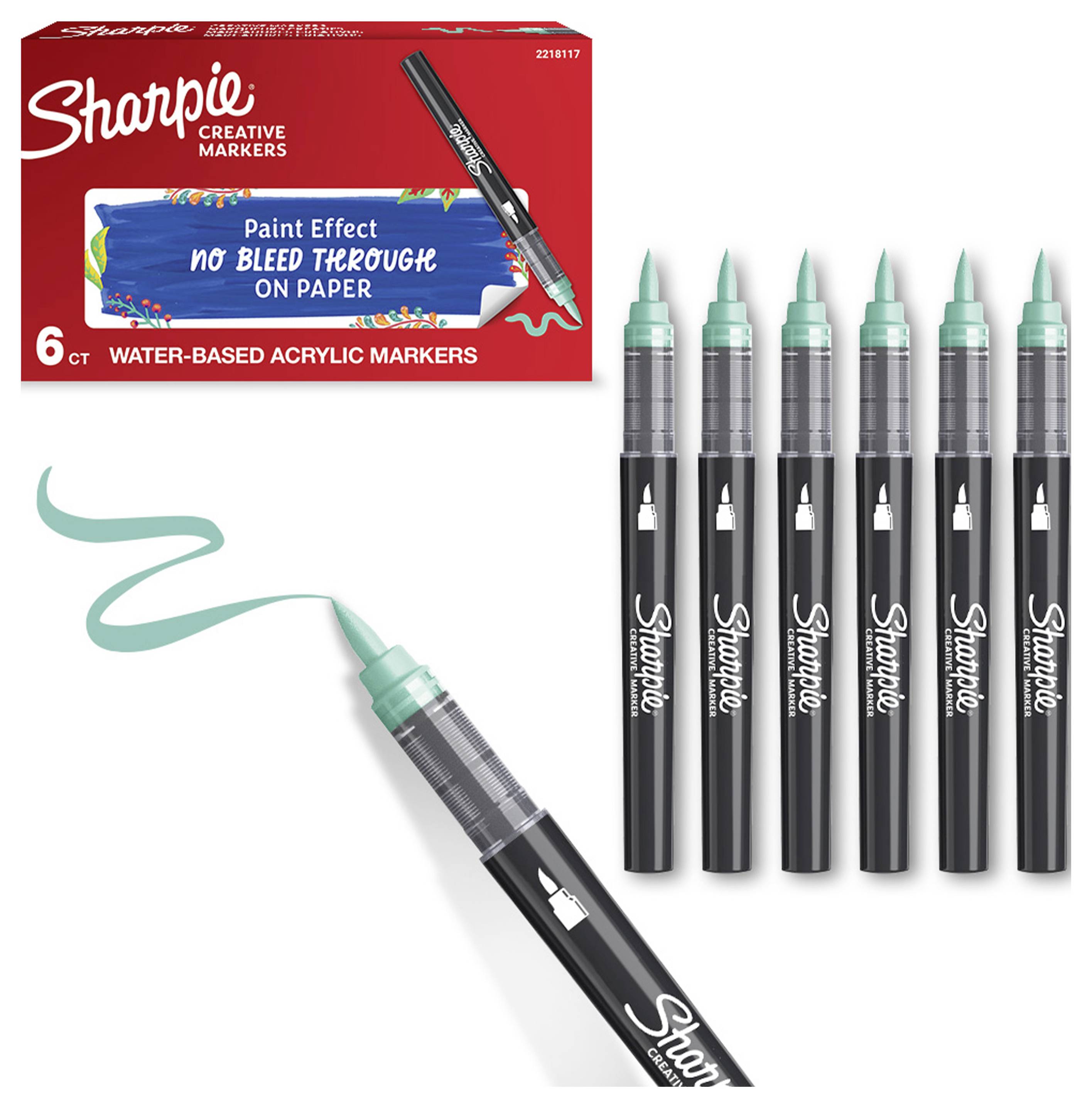 Sharpie Creative Markers package and six black water-based acrylic markers with mint tips, plus one drawing a mint paint stroke.