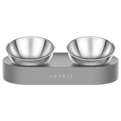 Dual stainless-steel pet bowl feeder with two raised bowls on a gray PETKIT base.