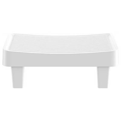 White low-profile bed footboard or bench with slatted top and four short legs on a white background