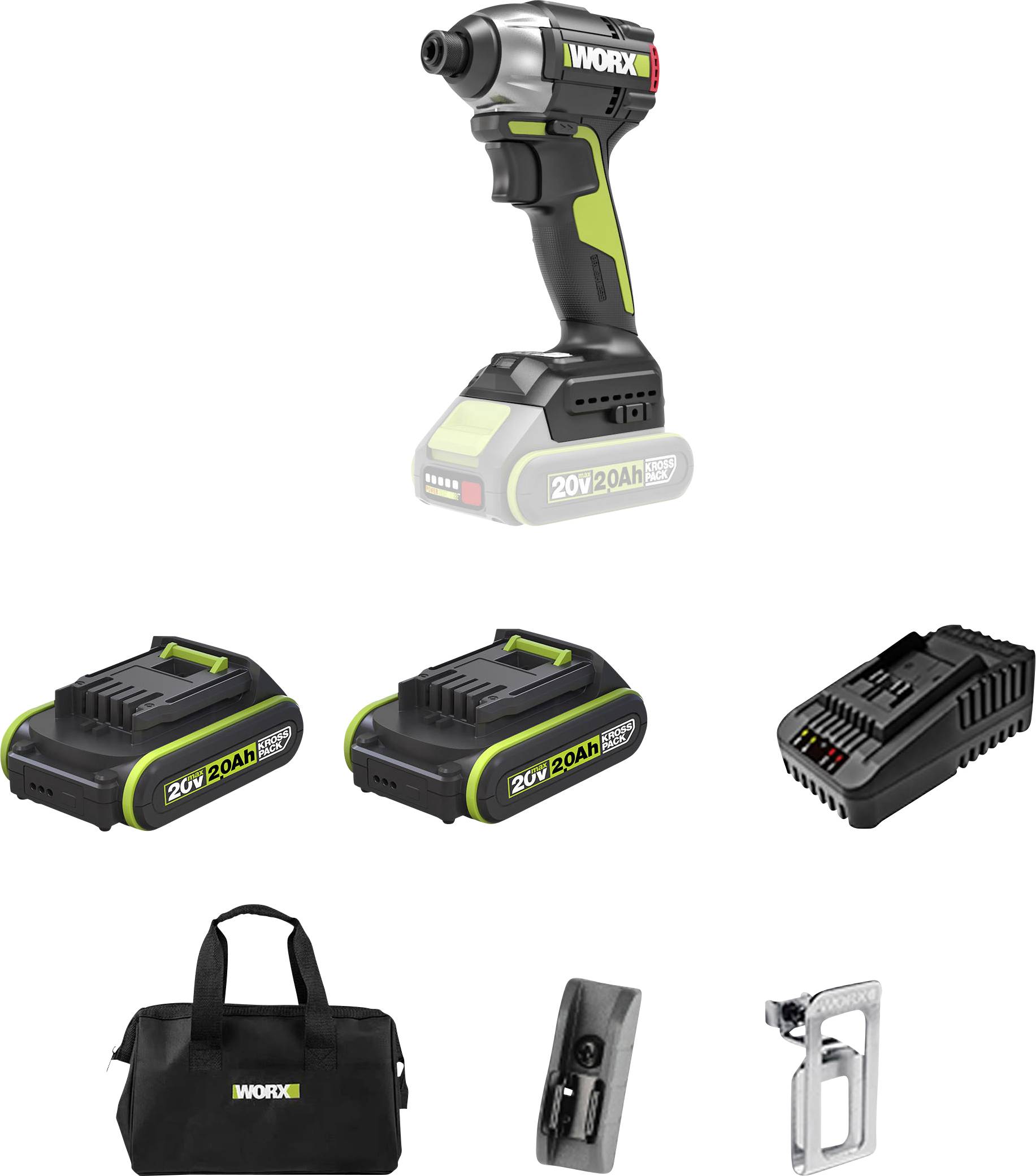 WORX 20V cordless impact driver with two 20V 2.0Ah batteries, charger, carrying bag, and accessory bits/clips.