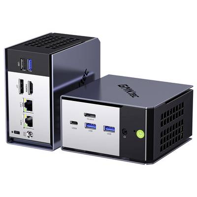 Two compact black mini PCs, one upright and one lying down, showing front ports including USB, Ethernet, and power button.